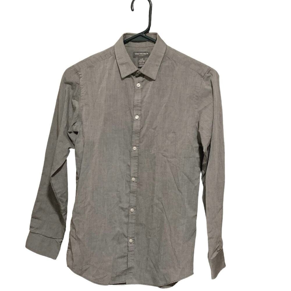 Van Heusen Mens Size Large Button Up Dress Shirt Grey Flex Slim Fit Wrinkle Free